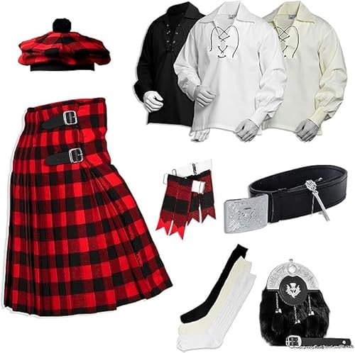 DuskUp Scottish Kilt for Men - 09 Pcs Kilt Accessories for Men, Tartan Wedding Scottish Outfit, Rob Roy 32''