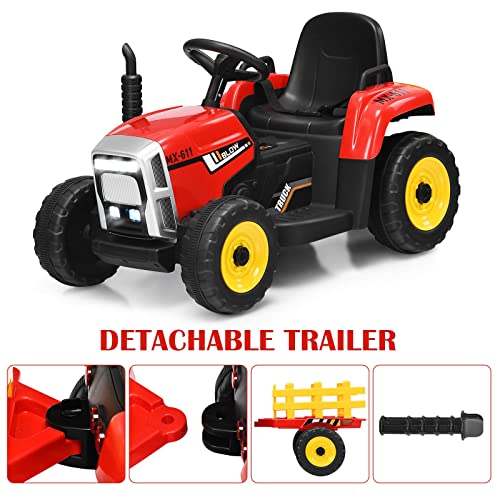 Image of Costzon Ride on Tractor with Detachable Trailer, Kids' Electric Vehicles w /3-Gear-Shift Ground Loader, Wireless Design & USB, 7 LED Headlights, Remote Control Tractor Toy for Kids 3+ (12V, Red)