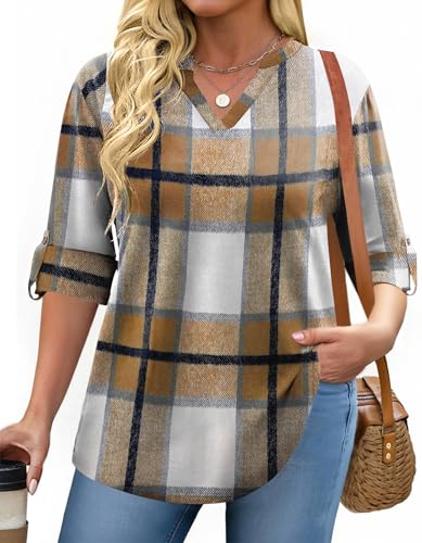 IN'VOLAND Womens Plus Size Long Sleeve Tops V Neck Plaid Roll Up Shirts Basic Casual Work Blouses