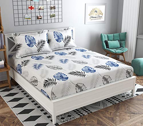 Image of Microfiber Fitzy 280 Tc Fitted Bedsheet King Size, Elastic Bedsheet, 72X78 Inches + 10 Inches Drop, With 2 Pillow Covers (Blue Flower, 72 inch X 78 inch)