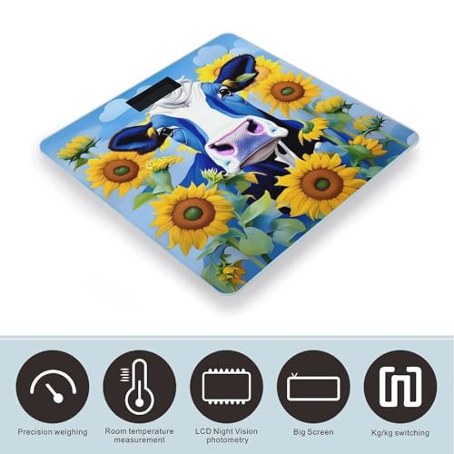 Báscula digital de vidrio templado azul con diseño de vaca y girasoles miniatura 3