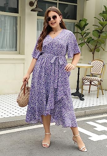 Image of Keluummi Plus Size Maxi Dress for Women V-Neck Floral Empire Waist 3 /4 Sleeve with Pockets