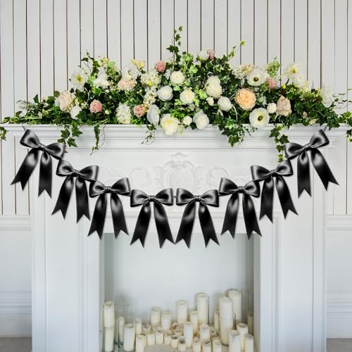 Image of 1 String of 8PCS Black Bow Garland Banner Decoration,Pre-Strung Satin Ribbon Ornaments for Birthday,Bachelorette Party,Bridal Shower,Wedding,Engagement,Baby Shower,Graduation Decor,Anniversary