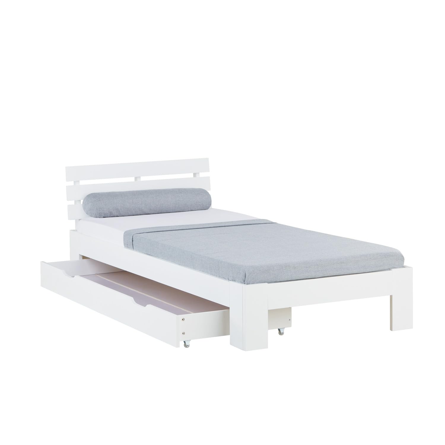 Homestyle4u Holzbett 90x200 Weiß mit Lattenrost, Jugendbett Bettgestell mit Schubladen Stauraumbett, Massivholz Kiefer Einzelbett, 2291