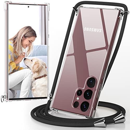 caslord Coque pour Samsung Galaxy S23 Ultra 5G avec Cordon de Collier,Réglable Lanyard Housse TPU Transparente Silicone Anti-Chute Etui pour Samsung Galaxy S23 Ultra, Ètuis à Bandoulière, Noir Cover