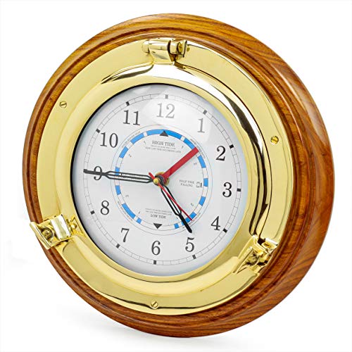 Nagina International Brass Porthole Solid Wood Base Time's Clock with Tide Dial - Image 3