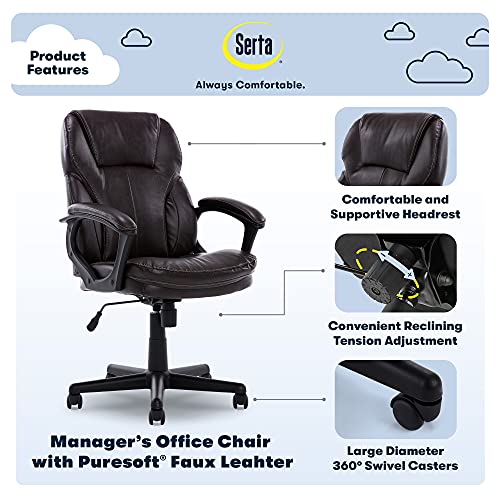 Serta Manager Office Chair With Layer Body Pillow | Faux Leather With Contoured Lumbar And Comfortcoils | Roasted Chestnut Brown #TOP1