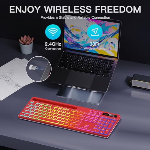 Image of Soueto Wireless Keyboard with 7-Color RGB Backlit, Full-Size Computer Keyboard with Phone Tablet Holder, 2.4G Rechargeable Gaming Keyboard with Light Up Keys, Compatible with Mac, Windows (Red)