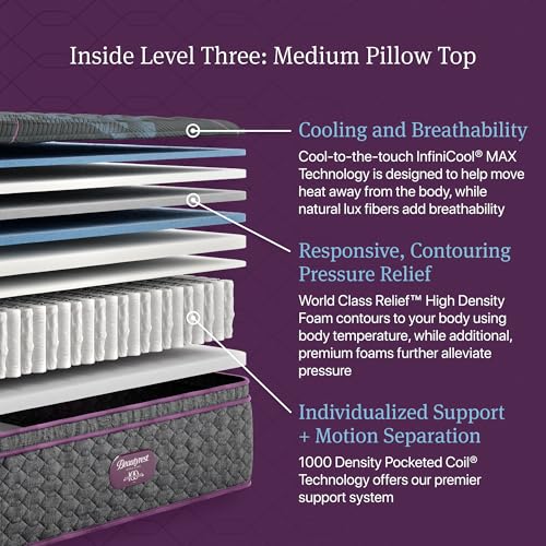 Image of Beautyrest World Class Level Three Medium Pillow Top 15.75 inch Mattress - Cal King Size - Supportive, Pressure Relief, Cooling, Motion Separation; CertiPUR-US, 100 Night Sleep Trial and 10 Year Warranty
