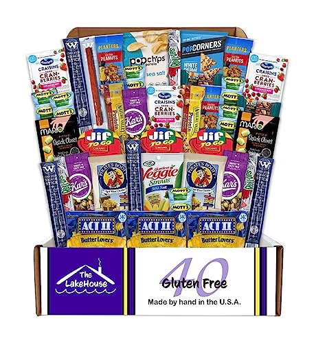 Gluten Free Snacks for Adults Kids - 40 Count Healthy Celiac Friendly Snacks in Individual Packs - Birthday Treats Gift Basket - Valentines Care Package - Gluten Free Snack Box by The LakeHouse