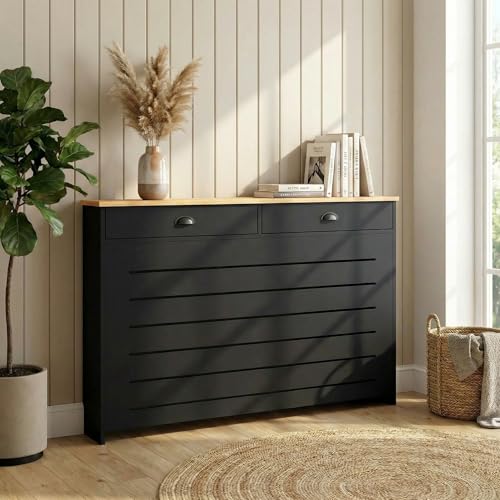 DuraTherm Radiator Cover Black Painted MDF Cabinet Horizontal Slat Storage Drawers & Shelf Radiator Furniture Cabinets for Office Hallway Living Room Bedroom Medium (H: 96cm / W: 111.5cm / D: 19cm)