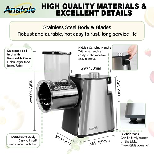 Anatole-Electric-Cheese-Shredder-Vegetable-Grater-250W-Stainless-Steel-Upgraded-Large-Diameter-Carrot-Potato-Slicer-Multifunctional-Kitchen-Food-Processor-Machine-with-5-Blades-BPA-Free-110V