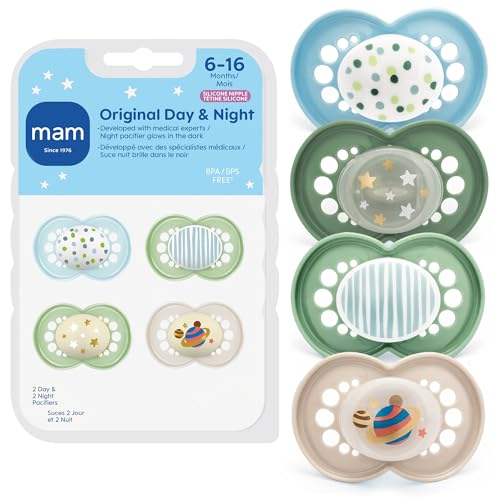 Image of MAM Original Baby Pacifiers 6-16 Months, Binky for Newborn Babies, BPA-Free Skin Soft Silicone Nipple, Glows in The Dark, Developed with Medical Experts, 4 Count, Made in Europe