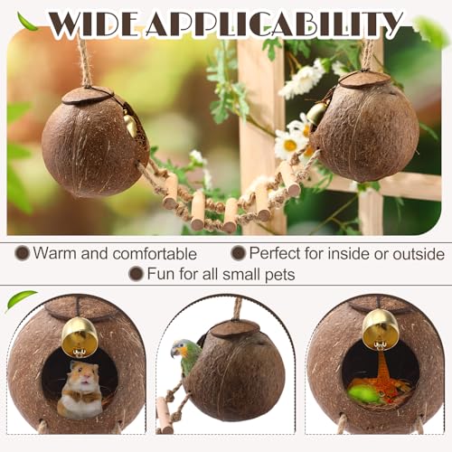 Image of Briwooody Coconut Shell Bird Nest House Breeding Bed Nestingand Anti-pecking Bite with Natural Coir Fiber Bird Nest Toy Bell for Parrot Budgie Parakeet Cockatiel Conure Lovebird Canary Finch (Stylish)