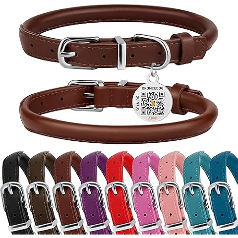 BRONZEDOG Rolled Leather Dog Collar with QR Tag Cover