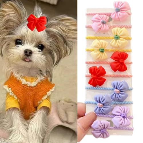 cuhair Haarschmuck für kleine Hunde, Cartoon-Schleife mit Gummiband für Mädchen, Welpen, Teddy, Malteser, Yorkshire, Langhaar, zotteliger Hund, 5 Farben, 10 Stück (5 Paar)