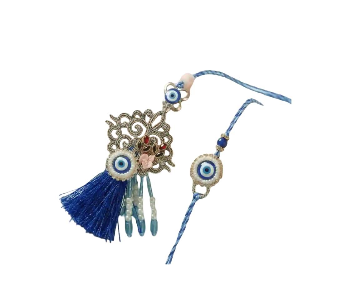 Evil Eye Rakhi Set with Tassel Lumba, Blue Beaded Thread with roli chawal-image-49