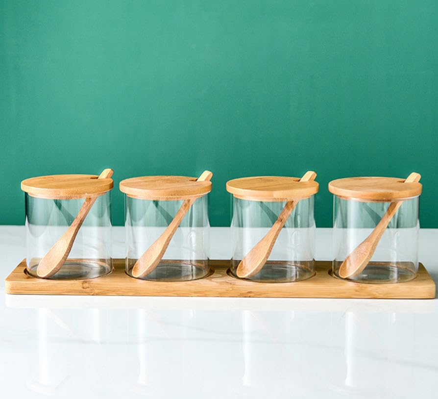 Luminexia Barattolo per condimenti da Cucina,Set di barattoli per condimenti in Vetro con coperchi e Cucchiaio di bambù,Scatola per condimenti in Vetro,per conservare Lo Zucchero di Sale di e spezie