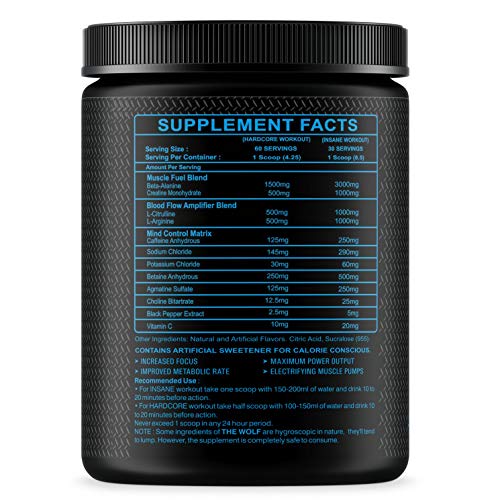 Image of M B Muscle Builder's The Wolf Pre Workout Supplement with Creatine Monohydrate, L-Arginine, Beta-Alanine, Caffeine Anhydrous, Explosive Muscle Pump-For Men & Women [30-60 Servings, Sour Cola, 255g]