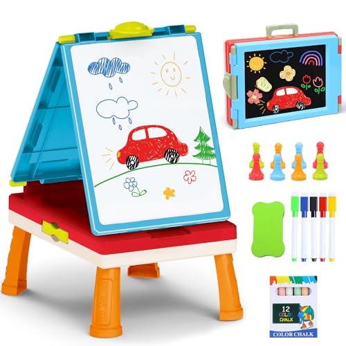 Kids Art Easel Toys, Foldable Double-Sided Tabletop Easel with Chalkboard & Whiteboard, Painting Accessories Included, Creative Gift for Toddlers,...