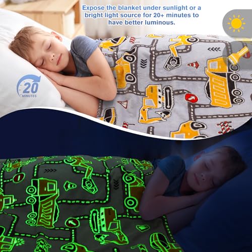 Image of Construction Truck Toys Gifts for Boys - Glow in The Dark Excavator Blanket Birthday Valentines Easter Christmas Decor Presents for Kids Age 1-14 Years Old Teens Child Toddler Son Soft Throw 50 inchx60 inch