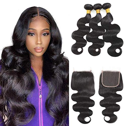 Brazilian Body Wave 3 Bundles with Closure (14 16 18 with 12), Grade 10A Unprocessed Virgin Human Hair Bundles with Closure Free Part