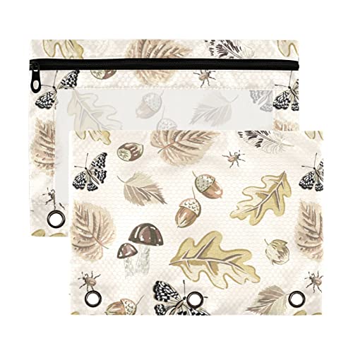 Carpeta de 3 anillas con diseño de mariposas, hojas de otoño, nueces, setas, estuche de plástico transparente impermeable con cremallera, organizador de documentos de oficina