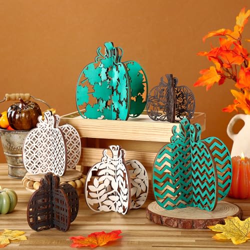 12 Pcs Thanksgiving Wooden Table Signs Pumpkin Wood Table Decor Fall Tiered Tray Centerpieces Block Sign Farmhouse Harvest Decorations for Home Party Indoor