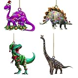 Christmas Ornaments Dinosaur Xmas Tree Decorations Acrylic Hanging Decoration for Christmas Tree Indoors Home Decor, 4 Pieces