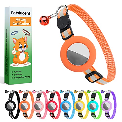 Airtag Katzenhalsband, Airtag Katzenhalsband mit Glocke und Sicherheitsverschluss in 3/8 Zoll Breite, Reflektierendes Halsband mit wasserdichter Airtag Halterung (Orange)