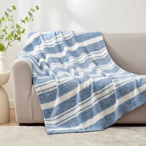 Image of Snuggle Sac Knitted Throw Blanket for Couch, Reversible Super Soft Microfiber Blankets Warm Cozy Knit Fuzzy Plush Lightweight Throws for Sofa, Bed, Camping, Picnic, Stripe Blue, 50 x 60 inches