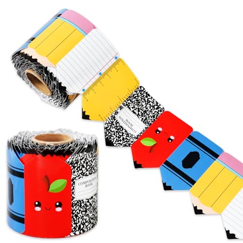 Image of Whaline 65.6Ft Back to School Pencil Bulletin Board Border Composition Notebook Apples Crayon Die Cut Trim Border Roll for First Day of School Classroom Office Chalkboard Decor