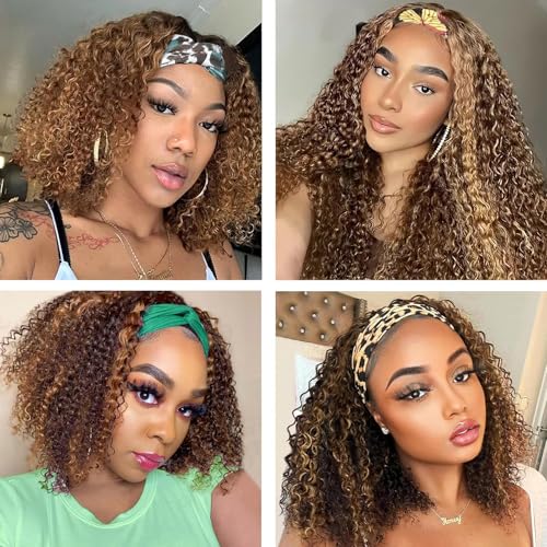 Image of Highlight Ombre Headband Wig Human Hair Kinky Curly Headband Wigs for Black 14 Inch Women Human Hair Honey Blonde Headband Wig Curly Human Hair #4 /27 Brazilian Virgin Hair Glueless Wig 150% Density
