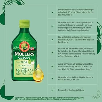Möller's Omega 3 Cod Liver Oil Nordic Omega 3 6 and 9 Dietary Supplement with EPA DHA Vitamin A D and E Superior Taste Award High-purity Natural Apple 250 ml