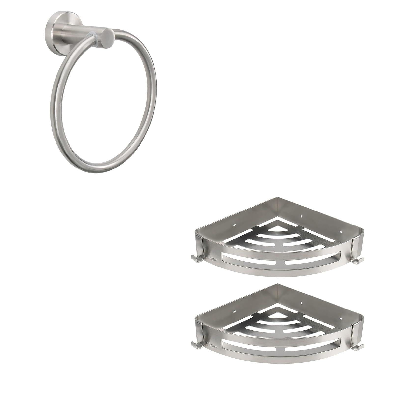 NearMoon Wall Mounted Corner Shower Caddy 2 Pack Bath Towel Ring SUS304 Stainless Steel Rustproof Shower Organizer for