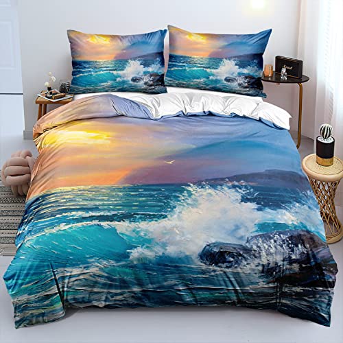 DXHOME Ropa de cama 3D de 135 x 200 cm, 4 piezas, diseño marítimo, puesta de sol, azul, microfibra, diseño ondulado, reversible, con cremallera, 2 fundas nórdicas de 135 x 200 cm, 2 fundas de almohada