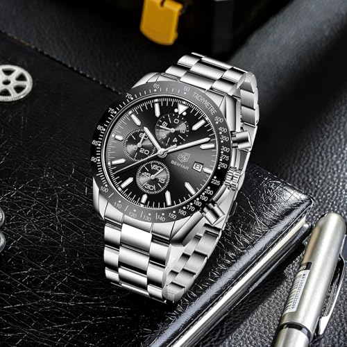 Image of BY BENYAR Amazon Men's Waterproof Date Sport Work Minimalist Classic Analog Chronograph Wristwatch with Leather Band ( Silver Black)
