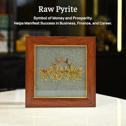 Image of ZAICUS Pyrite Stone Frame with 7 Running Horses | Positive Energy Wall Hanging for Living Room, Bedroom & Office | Vastu Showpiece for Money, Protection & Diwali Gift Decor