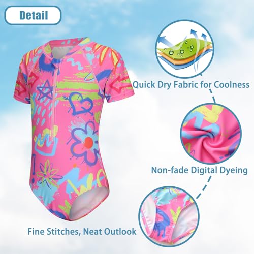 Image of Girls One Piece Rash Guard Swimsuits for Kids Girls Short Sleeve Bathing Suits with Front Zipper Swimwear 3-16 Years