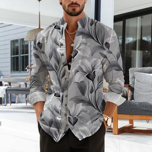Men's Cotton Linen Stand Collar Shirt Long Sleeve Button Down Floral Pattern Casual Top for Spring Summer3