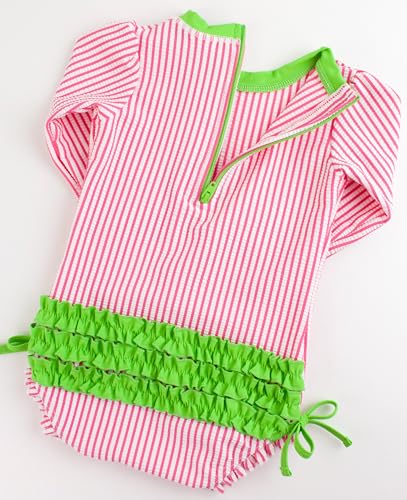 Image of RuffleButts Baby-Girls Seersucker Long Sleeve Rash Guard - One Piece Swimsuit UPF 50+ Toddler