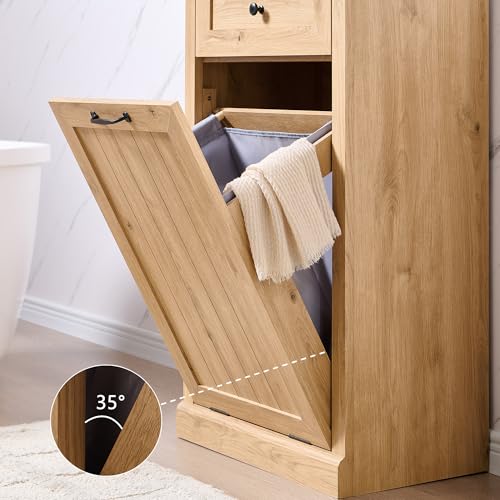 Image of IFGET Tilt Out Trash Can Cabinet, Trash Cabinet w /Drawer, Natural