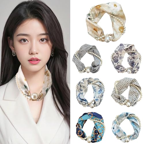 Magnetic Clasp Pearls Chain Necklace Floral Satins Scarf Elegant Silk Skinny Narrow Neckerchief for Fashionable Women2