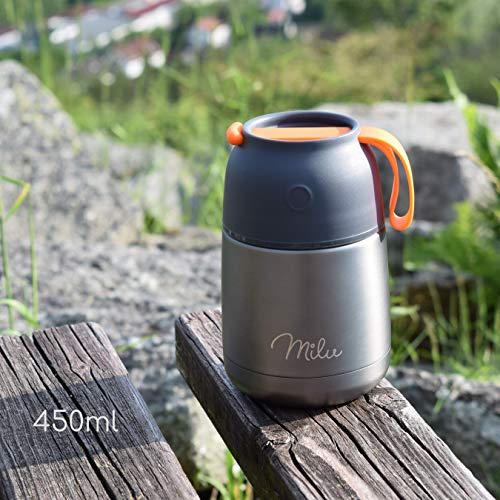 Image of Milu Thermal Container for Food 450 ml, Stainless Steel Warming Container with Spoon, Thermal Mug Food, Thermal Lunch Box for Children, Adults, Thermal Box Soups, Baby Porridge, Food Container Grey