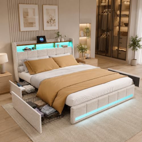 PerGar Polsterbett 180x200 mit Stauraum, USB, LED - Beige, Leinenbezug