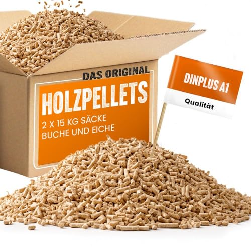 Holzpellets Buche & Eiche DINplus A1 (30 kg Sackware) – 2x15 kg Premium Hartholz Pellets – Hoher Heizwert, wenig Asche – Geeignet für Pelletöfen & Heizkessel