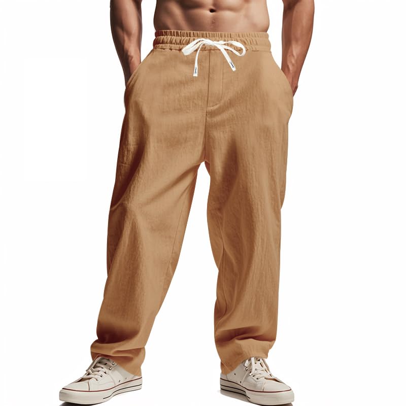 Mens Linen Pants Casual Drawstring Elastic Waist Trousers with Pockets Loose Fit Summer Beach Pants