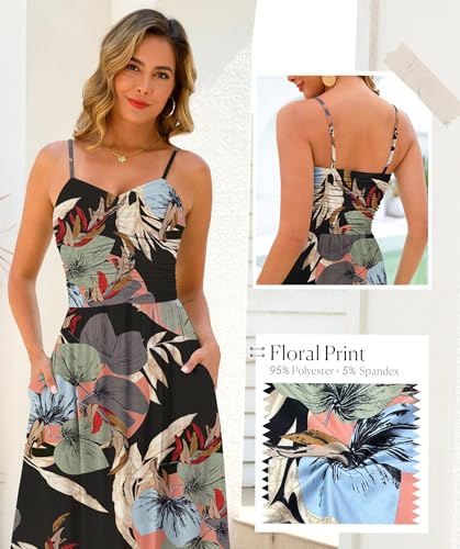 Image of Annebouti Women 2026 Summer Spring Ruched Maxi Dress Adjustable Spaghetti Strap Floral Beach Long Sundress with Pockets
