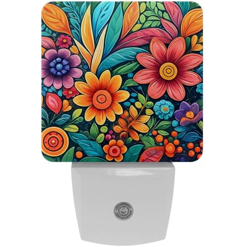 Image of NEWzone Colorful Boho Florals Night Light [2 Pack], Plug in Wall Led Night Lights Decor for Boys Girls Room, Dusk to Dawn Sensor Wall Lamp for Stairway /Bedroom /Kitchen /Nursery Room