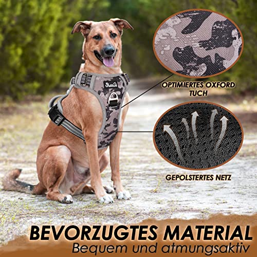 Eyein Hundegeschirr für Große Hunde, Anti Zug Brustgeschirr mit 2 Leinenclips und leicht zu bedienendem Griff, Verstellbare und reflektierende Gepolstert Geschirr für tägliches Training (Tarngrau, L)